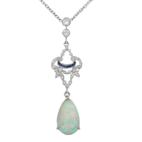 Opal, Diamond & Sapphire Necklace in 18ct White Gold