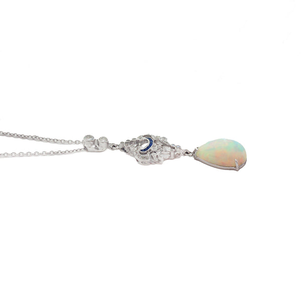 Opal, Diamond & Sapphire Necklace in 18ct White Gold