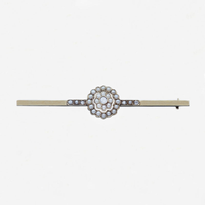 Diamond and Seed Pearl Bar Brooch in 15ct - Secondhand