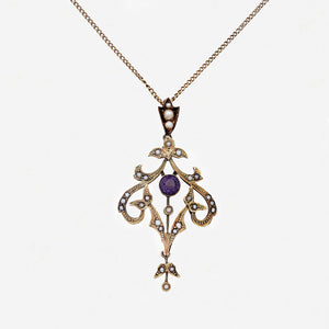 Amethyst & Seed Pearl Edwardian Pendant in 9ct Gold With Chain - Secondhand