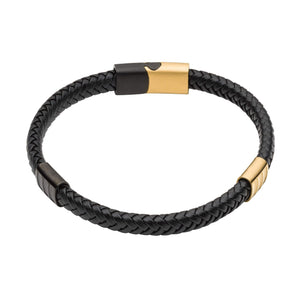 Black Leather Bracelet with Black Ip & Gold Plated Details by Fred Bennett