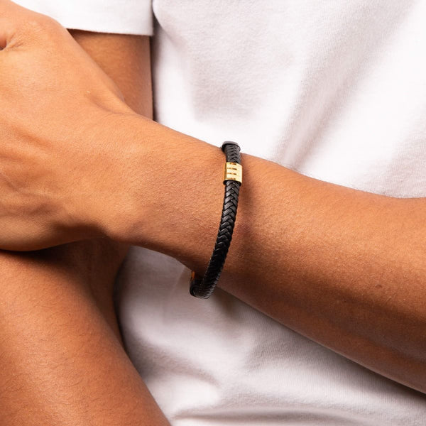 Black Leather Bracelet with Black Ip & Gold Plated Details by Fred Bennett