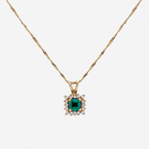 Emerald & Diamond Cluster Pendant & Chain - Secondhand