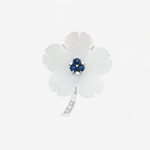 Rock Crystal, Sapphire & Diamond Flower Brooch in 18ct White Gold - Secondhand