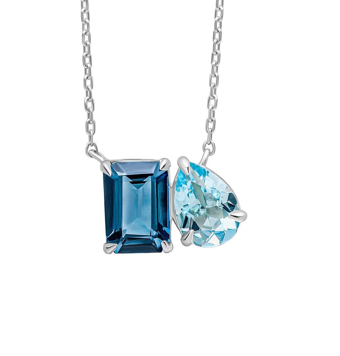 Blue Topaz Toi et Moi Necklace in 9ct White Gold