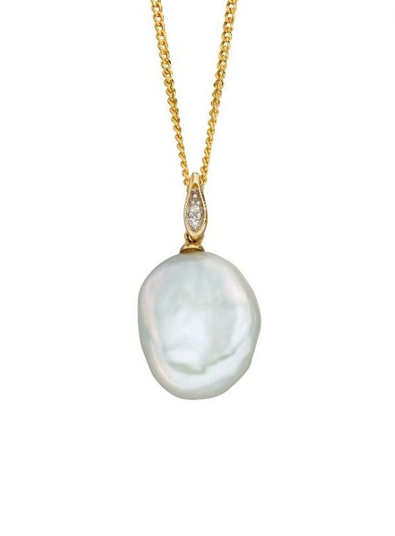 Keshi Pearl & Diamond Pendant & Chain in 9ct Yellow Gold