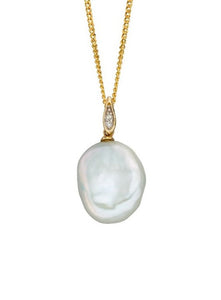 Keshi Pearl & Diamond Pendant & Chain in 9ct Yellow Gold