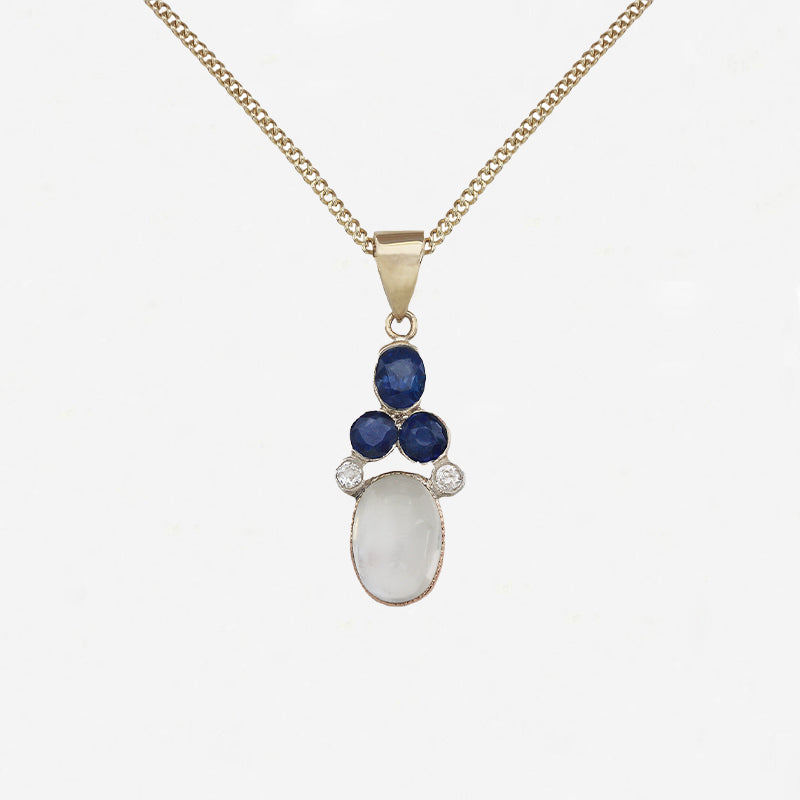 Moonstone, Sapphire & Diamond Pendant & Chain in 9ct Gold - Secondhand