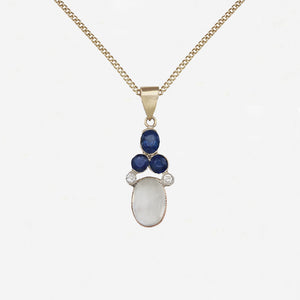 Moonstone, Sapphire & Diamond Pendant & Chain in 9ct Gold - Secondhand