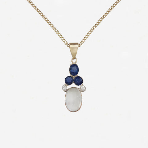 Moonstone, Sapphire & Diamond Pendant & Chain in 9ct Gold - Secondhand