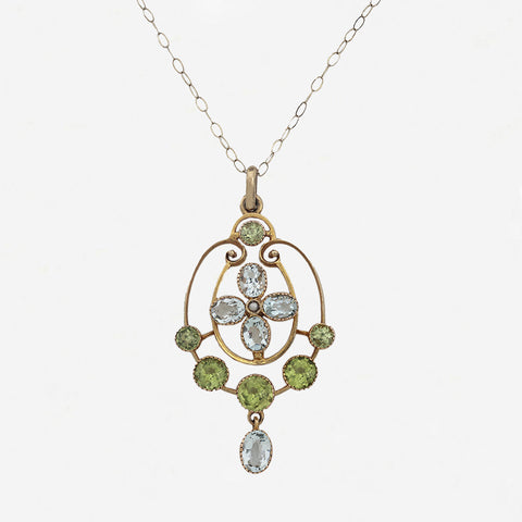 Peridot Aquamarine & Pearl Pendant Edwardian Necklet - Secondhand