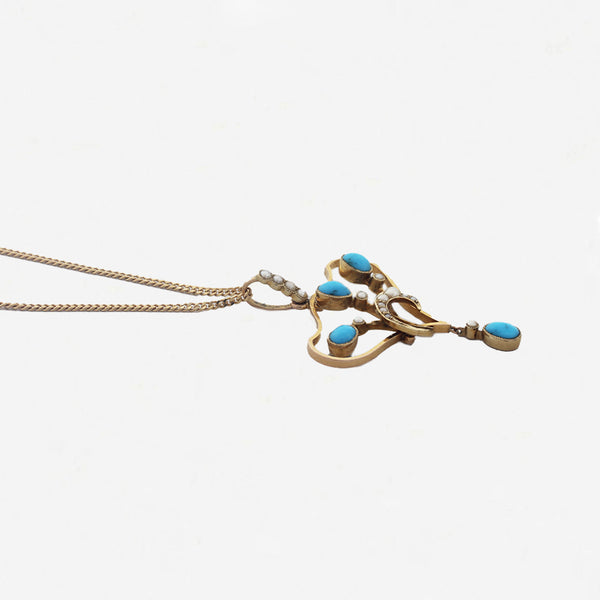 Turquoise & Pearl Art Nouveau Pendant Necklace - Secondhand