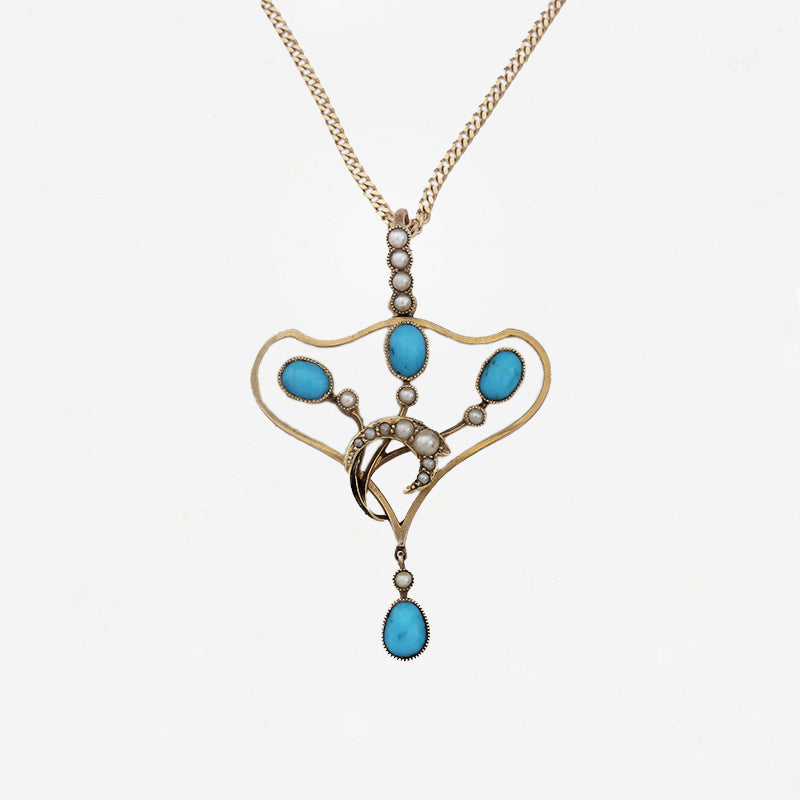 Turquoise & Pearl Art Nouveau Pendant Necklace - Secondhand