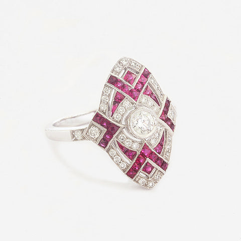 a beautiful ruby and diamond art deco design marquise shape ring white gold