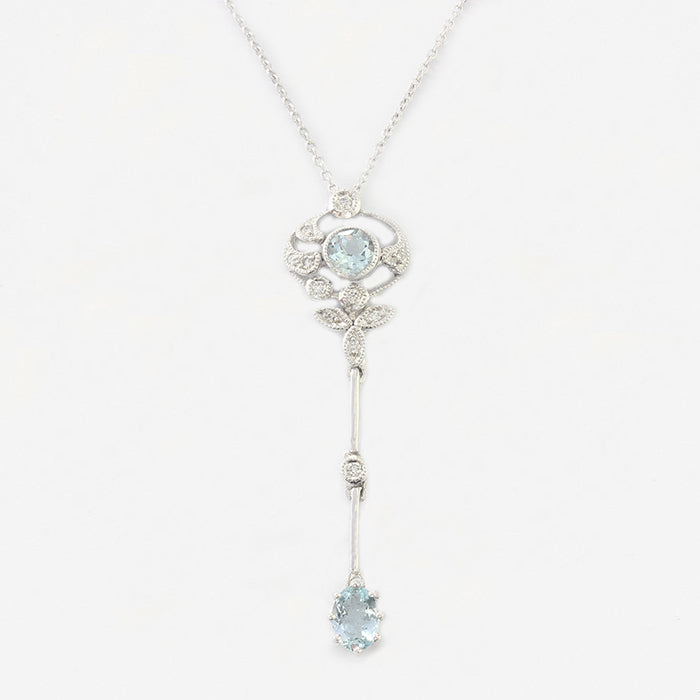 aquamarine and diamond edwardian style white gold drop pendant necklace