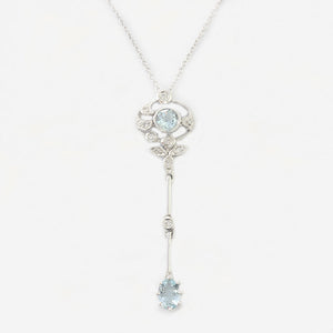 aquamarine and diamond edwardian style white gold drop pendant necklace