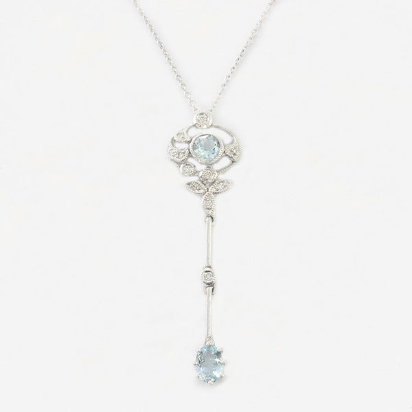 aquamarine and diamond edwardian style white gold drop pendant necklace