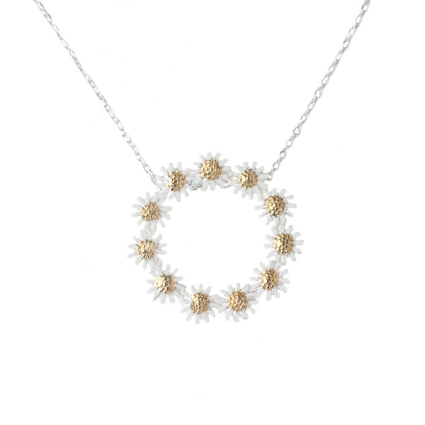 a iota circle daisy pendant chain in silver and gold plate