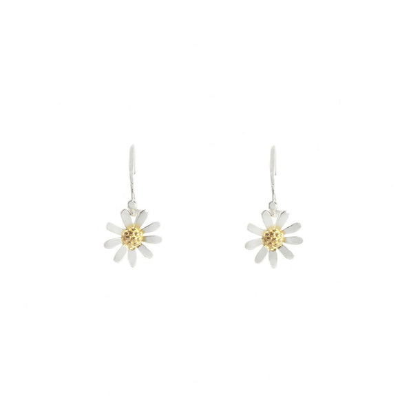 silver drop earrings with daisy gold plate centre