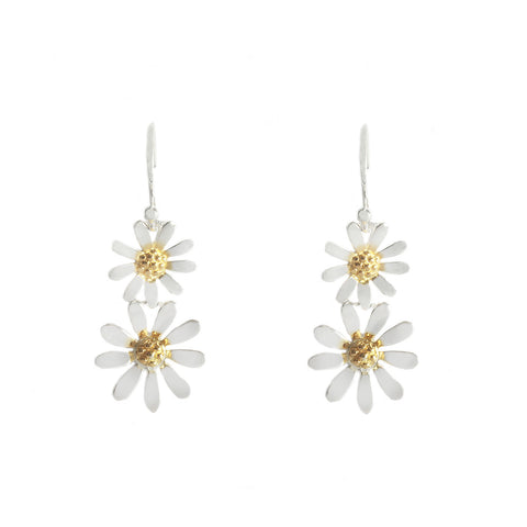 Silver Double Daisy Drop Earrings