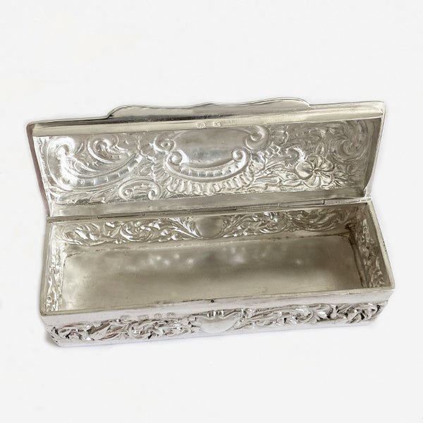 a silver antique victorian rectangular box trinkets leaf flower pattern