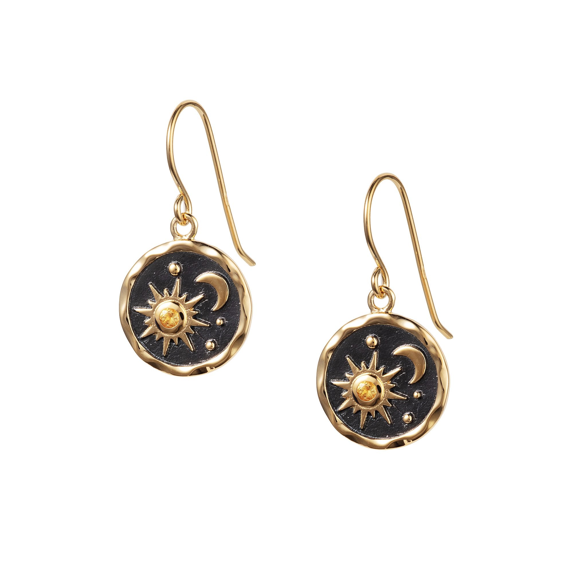 Heaven-Sent Sun & Moon Hook Earrings in Gold Plated Silver by Christin Ranger