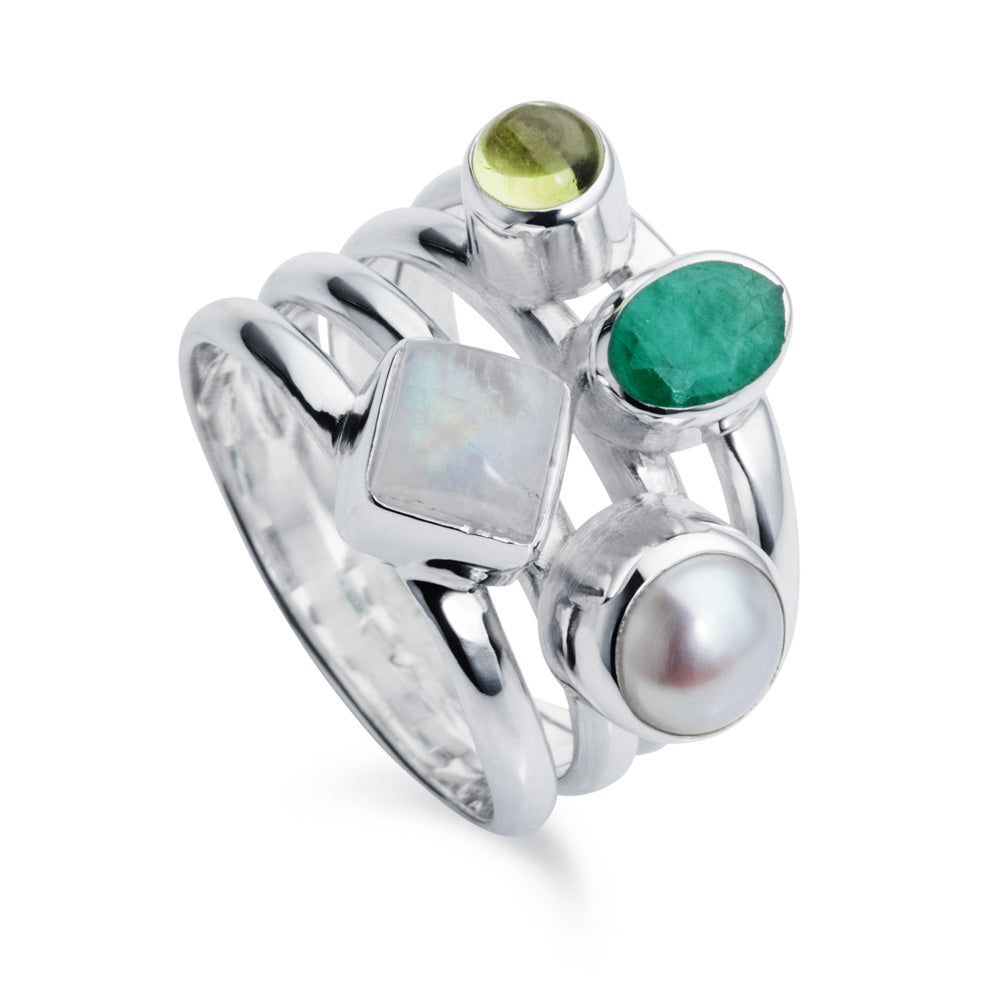 silver cluster ring with emerald pearl tourmaline moonstone by christin ranger