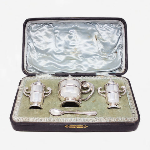 Novelty Trophy Design Three Piece Cruet Set in Silver - Secondhand